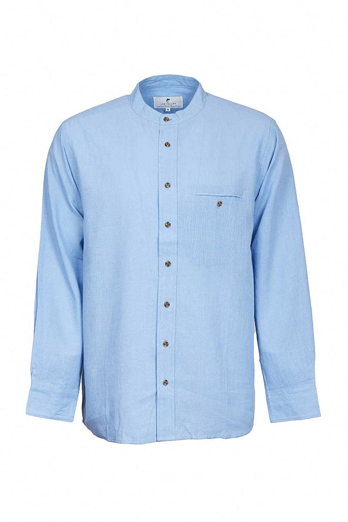 Collarless Linen Grandfather Shirt – Melange Sky Blue