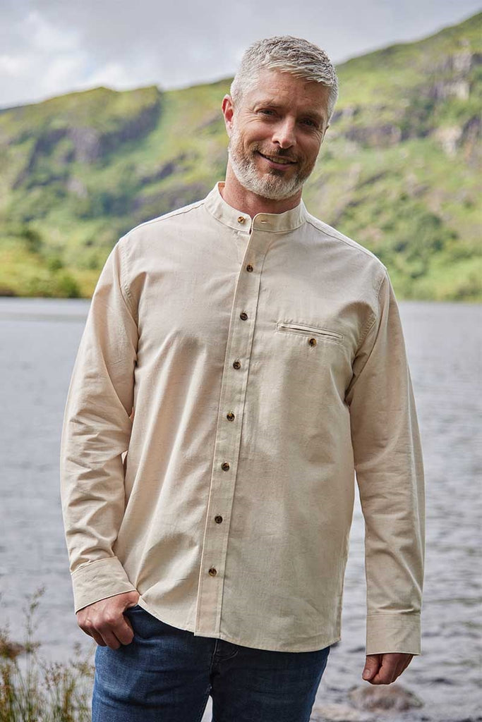 Irish Collarless Linen Grandfather Shirt  LN7 - Natural Beige