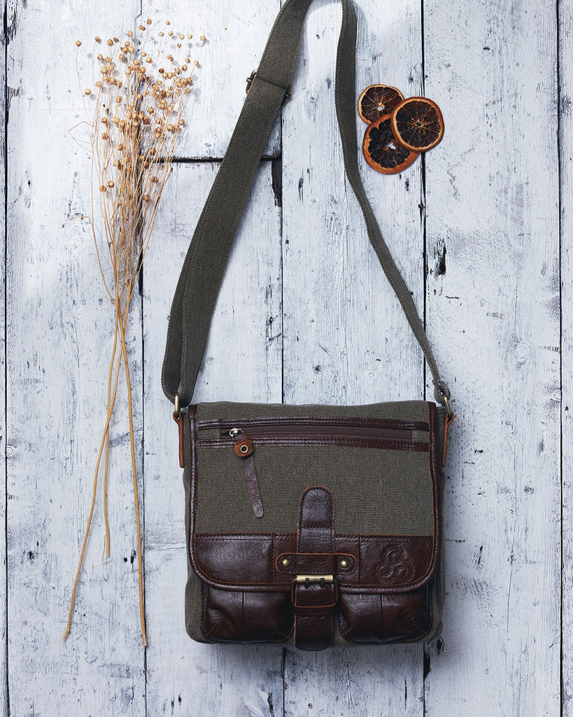 Canvas and Leather Bag w/Single Buckle Front