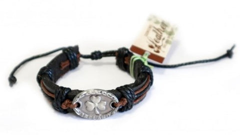 Black Leather Shamrock Icon Bracelet - CLEARANCE
