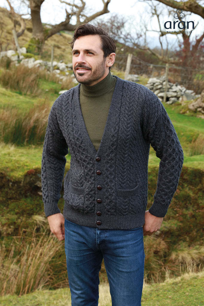 Traditional Aran V-Neck Cardigan - Charcoal
