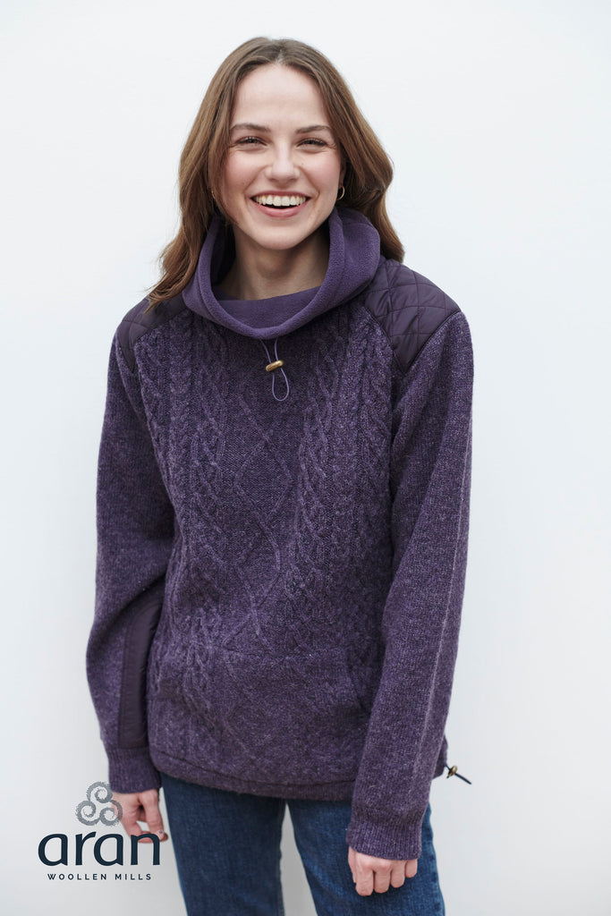 Cowl Neck Sweater with Fleece Cowl Collar - Purple