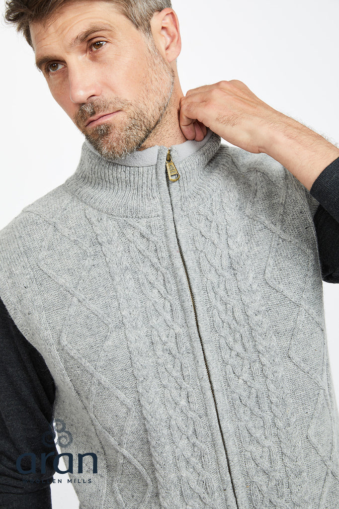 Lined Shetland Gilet with Full Zip and Fleece Collar - Light Grey