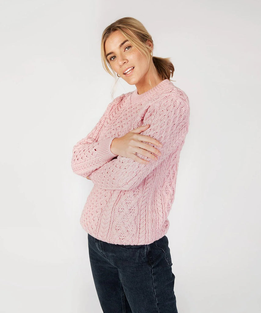 Honeycomb Stitch Aran Sweater Pale PInk The Counties of Ireland