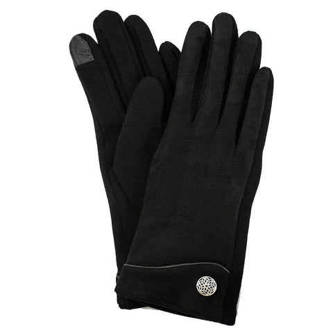 Faux Suede Gloves with Celtic Button - Black