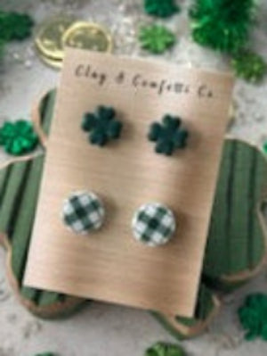 4 Leaf Clover & Plaid Button Earrings