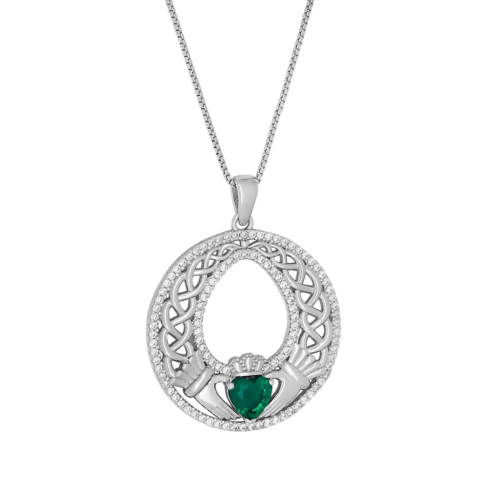 Sterling Silver CZ Celtic Claddagh Round Pendant