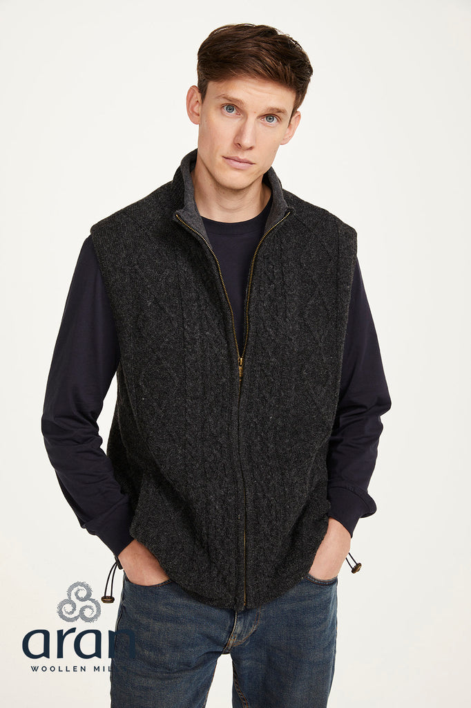 Lined Shetland Gilet with Full Zip and Fleece Collar - Charcoal