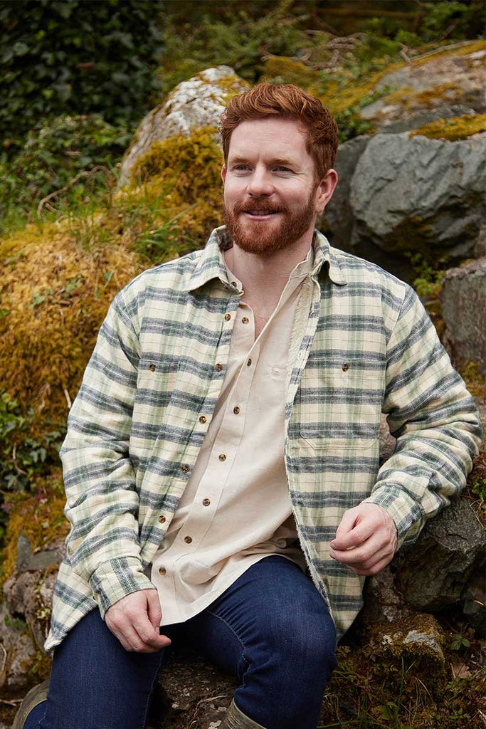 Flannel Fleece Lined Shirt - Ecru Green Navy Check