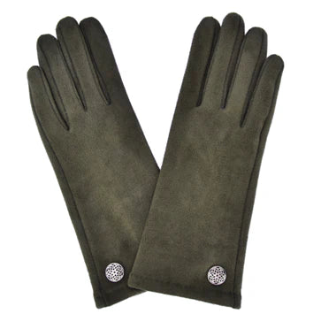 Faux Suede Gloves with Celtic Button - Dark Olive