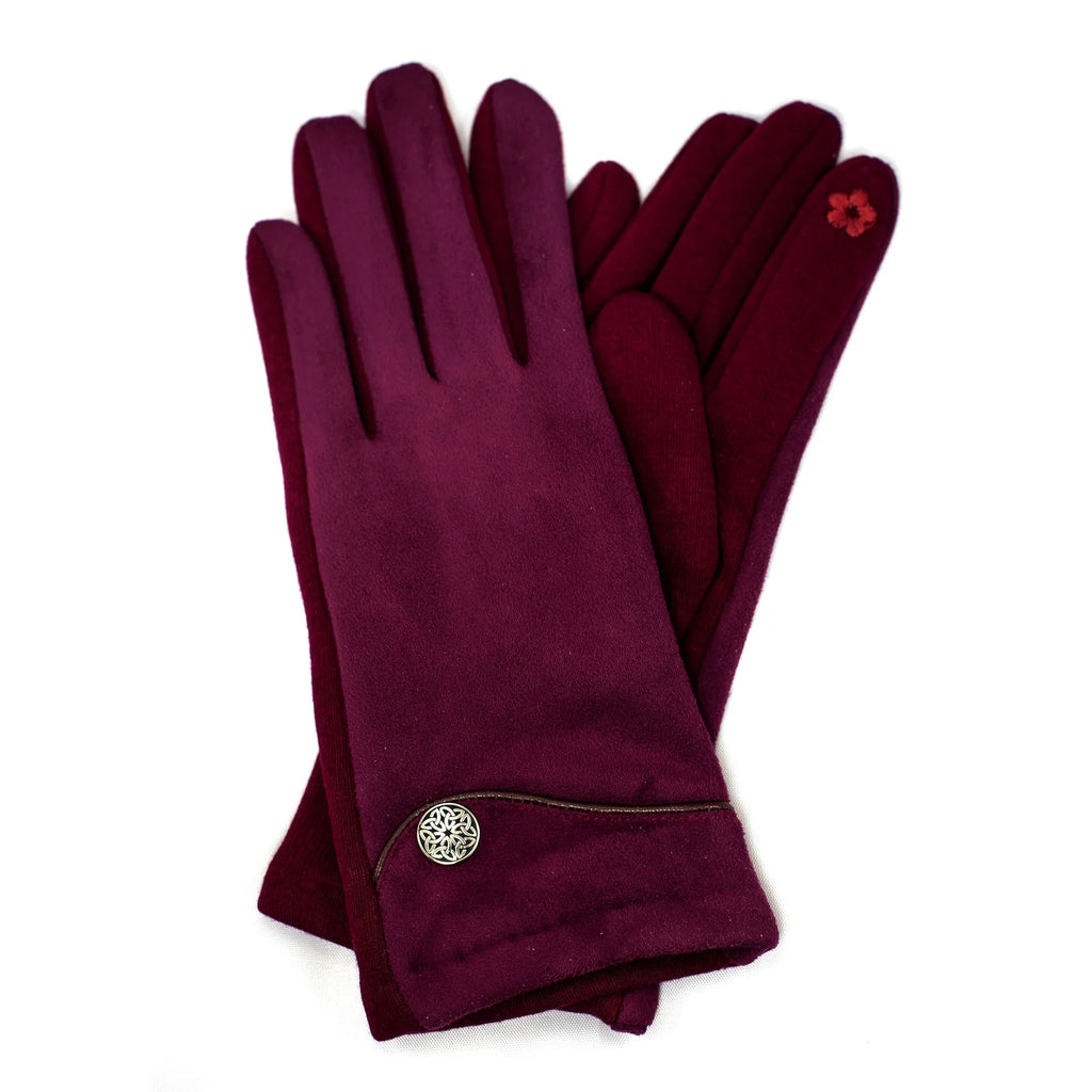 Faux Suede Gloves with Celtic Button - Wine