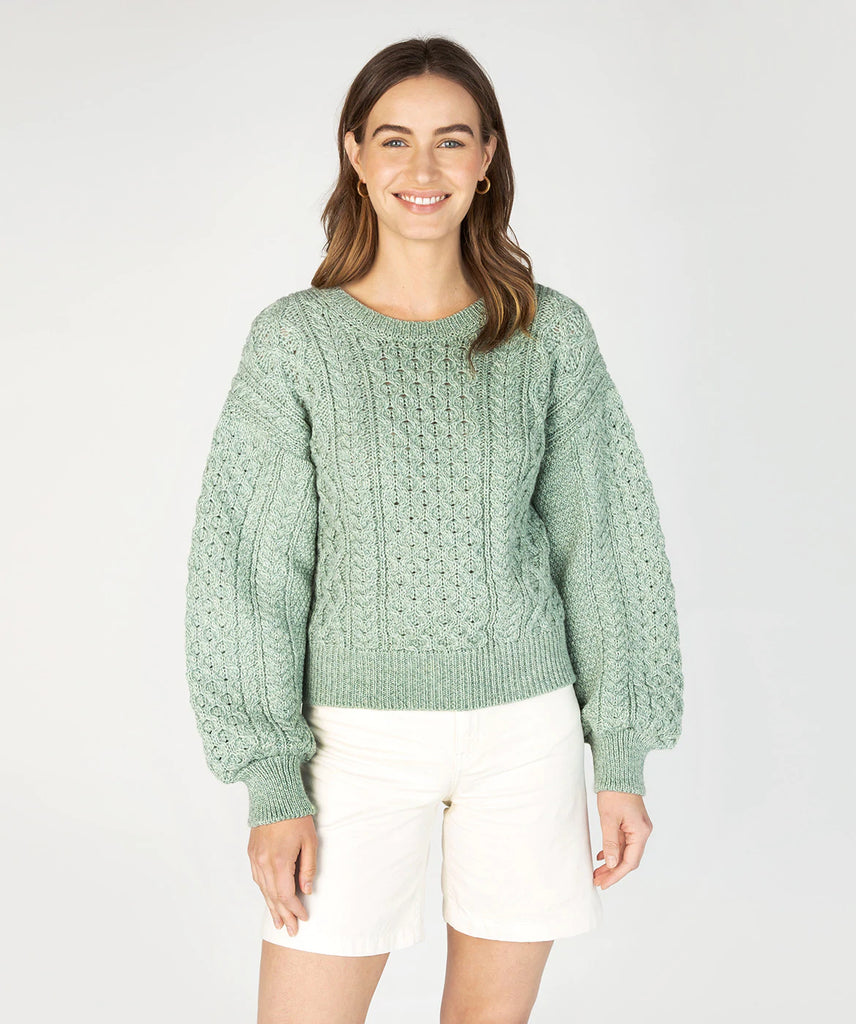 Honeysuckle Cropped Aran Pullover - Sage Marl