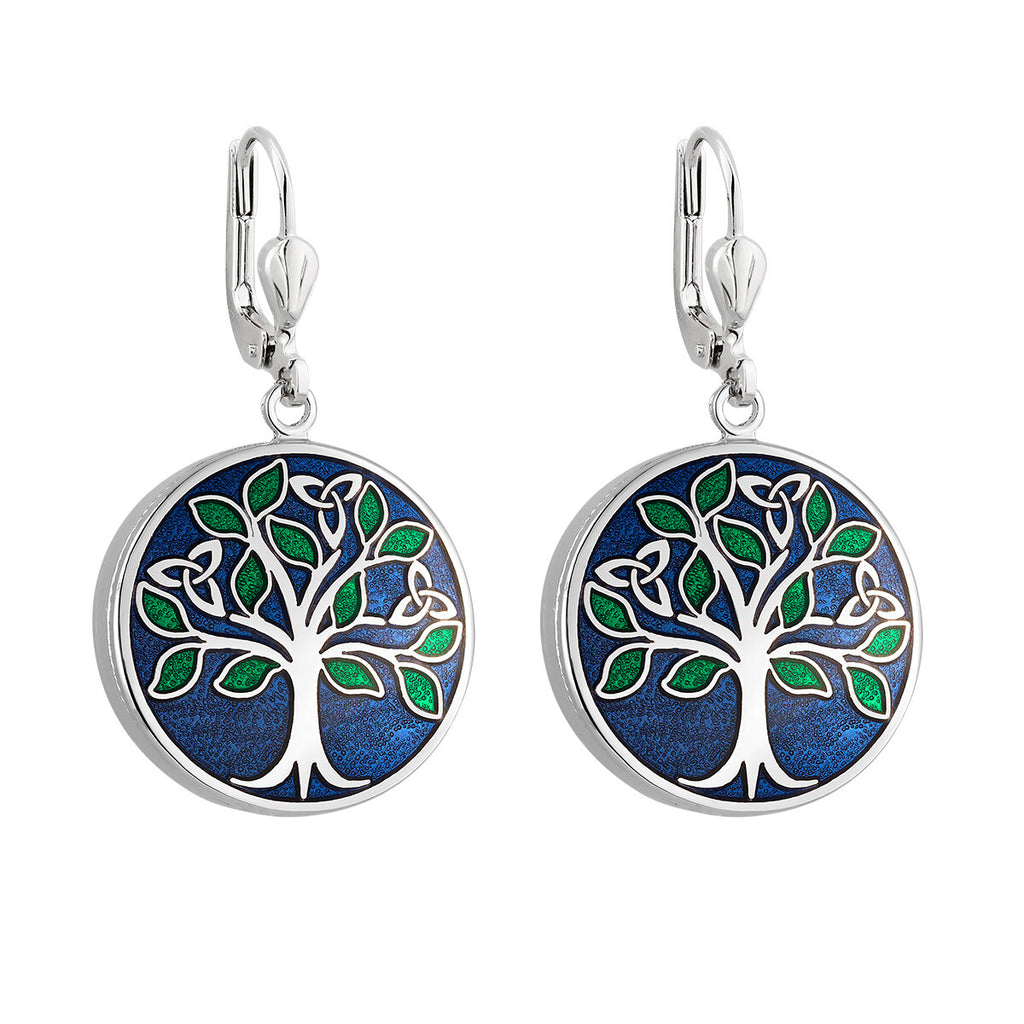 Blue Enamel Tree of Life Earrings