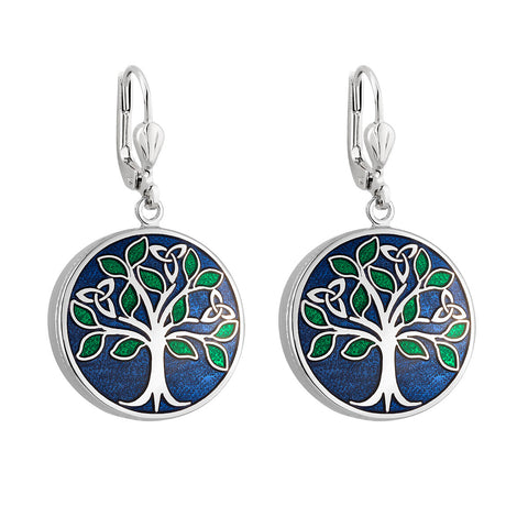 Blue Enamel Tree of Life Earrings