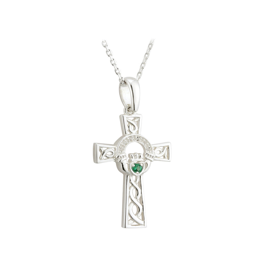 Sterling Claddagh Celtic Cross w/Green CZ